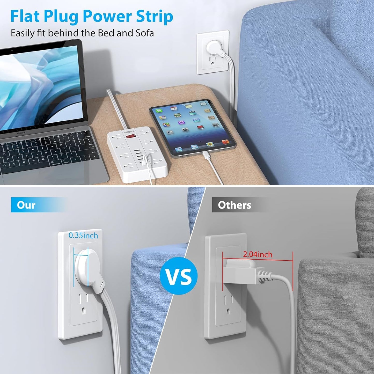 Flat Plug Extension Cord 15 Ft, SMNICE Surge Protector Power Strip with 8 Widely Spaced Outlets and 6 USB(1USB C) Ports, Wall Mount Long Charging Station for Dorm Home, Office Accessories, White
