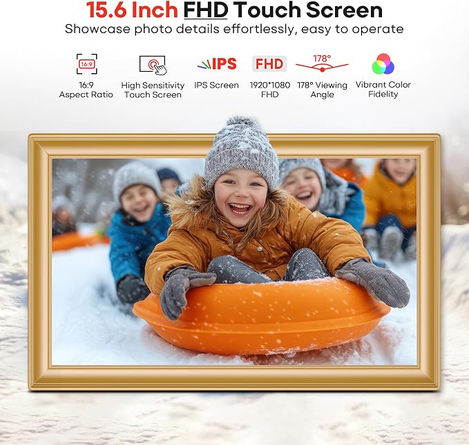 64GB 15.6" Frameo Digital Picture Frame WiFi, Large Electronic Photo Frames Golden 1920 x 1080 IPS FHD Touch Screen, Send Photos from Your Phone from Anywhere, Best Gifts for Family and Friends