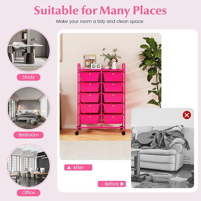 RELAX4LIFE 10-Drawer Rolling Storage Cart - Mobile Craft Art Supply Storage Organizer for Tool Scrapbook Paper Salon, Office School Classroom Teacher Rolling Cart with Drawers, Utility Cart on Wheels