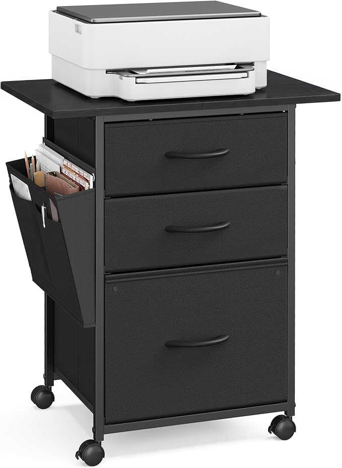 VASAGLE Mobile Printer Stand with Storage, Filing Cabinet, Side Pockets | Filing Cabinet for A4 Letter Size, 23.6 x 15.7 x 26.8 Inch, Ink Black, BELLAH Collection UOFC201BC01