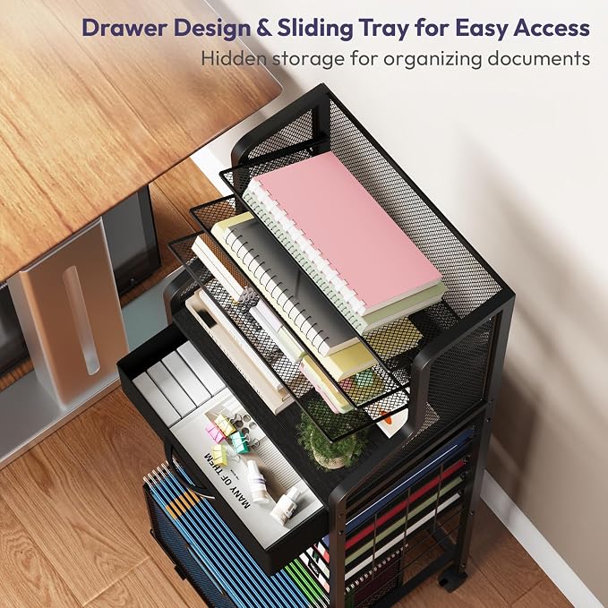 SWTYMIKI 10-Tier Rolling File Cart - Mesh Paper Organizer with Drawer and Hanging File Folders on Lockable Wheels, Rolling File Cabinet for Office Organization, Storage in Home, Studio, School, Black