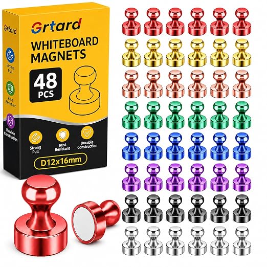 48 Pack Magnets for Whiteboard, Colorful Magnetic Push Pins | Whiteboard Magnets, Fridge Magnets, Small and Strong Push Pin Magnet, Sticky Note Holder for Office, School, Refrigerator