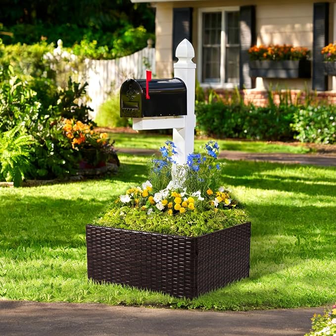 SUNNYPARK Mailbox Post Wrap Planter Box 24x24x12inch | Handmade All-Weather PE Rattan, Easy Assembly, Fits for 4x4 6x6 Posts, Flower Planter Box Decorative for Mailbox Post Outside