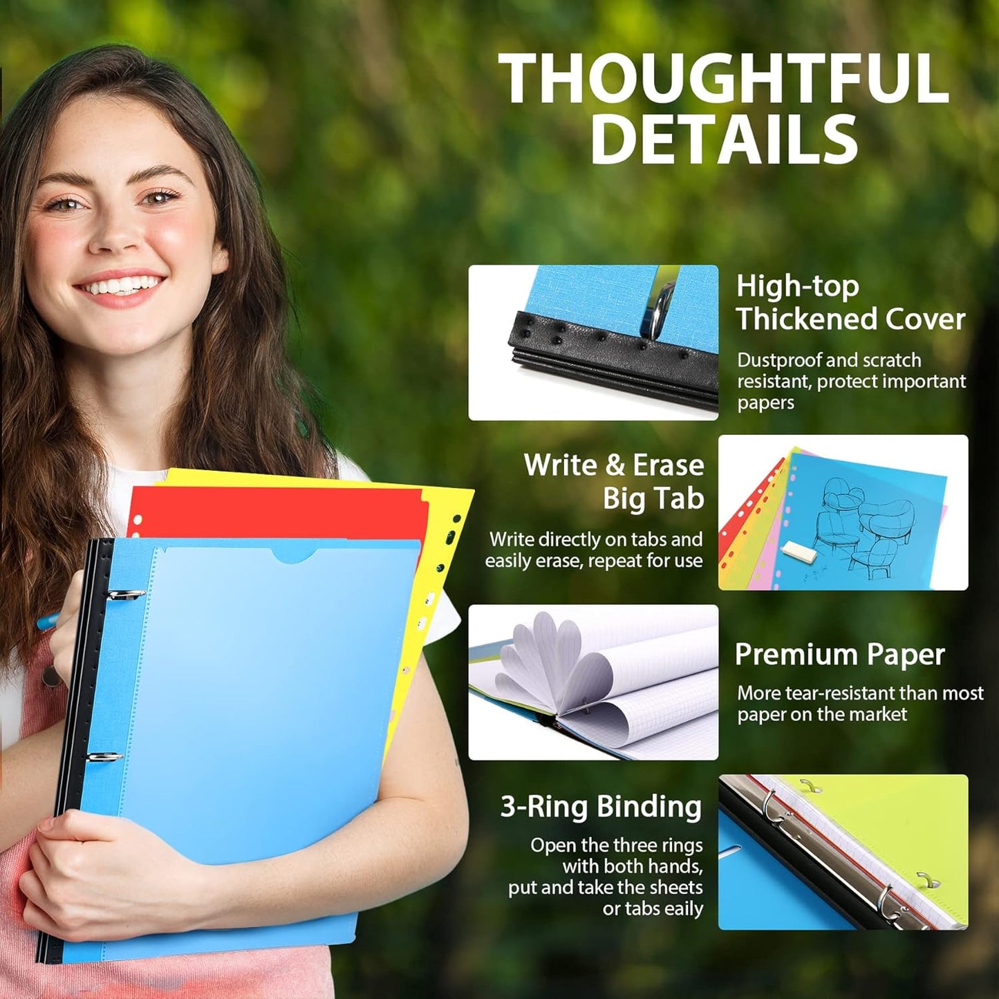 WOT I 1-Pack Telescoping 3 Ring Binder Notebook - Customizable Cover, 5 Dividers & Pocket Folder in One Slim Organizer (60 Sheets Included), Blue