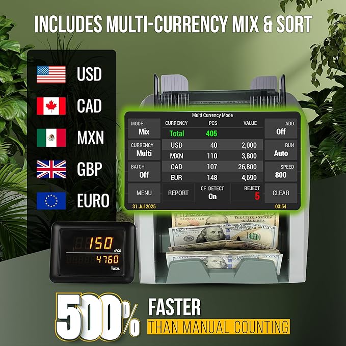 Kolibri Domino V2 4.3" Touch Screen Money Counter & Sorter, Mixed Denomination, Value Count, UV/MG/IR/2CIS Detection, Serial No., Multi-Currency USD/EUR/GBP/CAD/MXN (Printer Not Included)