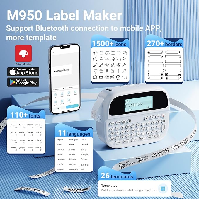 M950 Label Maker Machine Bundle, Rechargeable Portable Labeler Machine with 7 Tapes 12mm White, Bluetooth Handheld Label Printer, Backlit Inkless Labeling Maker for Office School Home