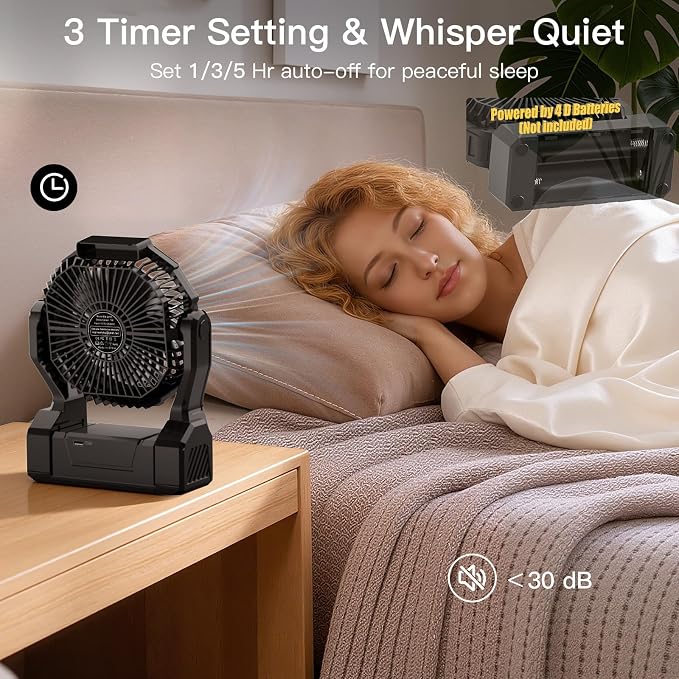 Battery Operated Fan, 2-in-1 D-Cell Battery & USB Powered Portable Fan with 4 Speeds, 3 Timers & 2 Light Modes, Super Long Lasting Camping Fan for Outdoor Tent Travel Picnic Office Bedroom - Black