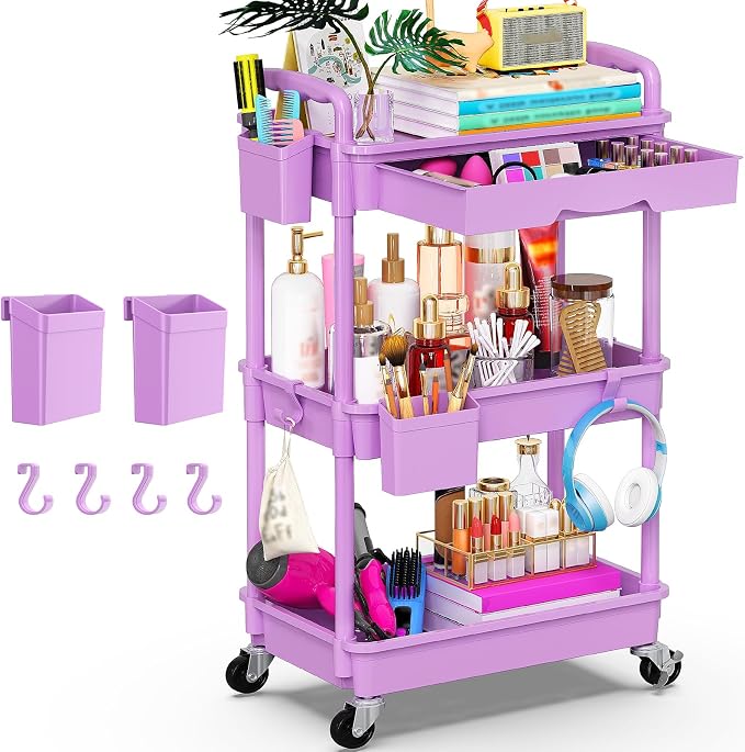 Goovilla 3 Tier Rolling Utility Cart Organizer with Removable Drawer,Purple | Stable and Sturdy Rolling Storage Carts with 2 Lockable Wheels for Bathroom, Kitchen, Snack, Craft, Makeup, Baby Essentials