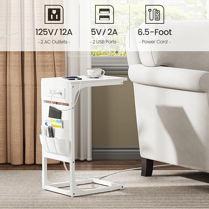 TUTOTAK C Shaped End Table with Charging Station, Side Table for Sofa | Couch Table with Storage Bag, TV Tray with 2 USB Ports and Outlets, Living Room and Bedroom, White TB01BW024