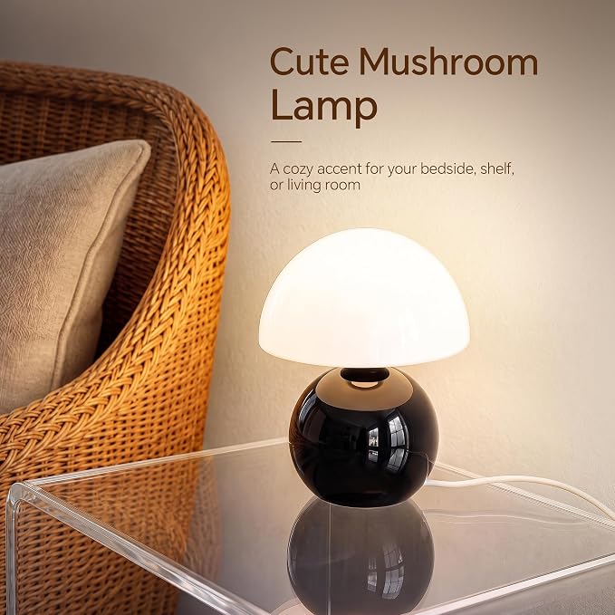 Mushroom Lamp Table Lamp for Bedroom-Small Desk Table Lamps,Black | 8.7" Mid Century Modern Table Lamps for Living Room Bedroom Decor,Cute Ceramic Lamps for Mushroom Home Room Decor,Glass Shade