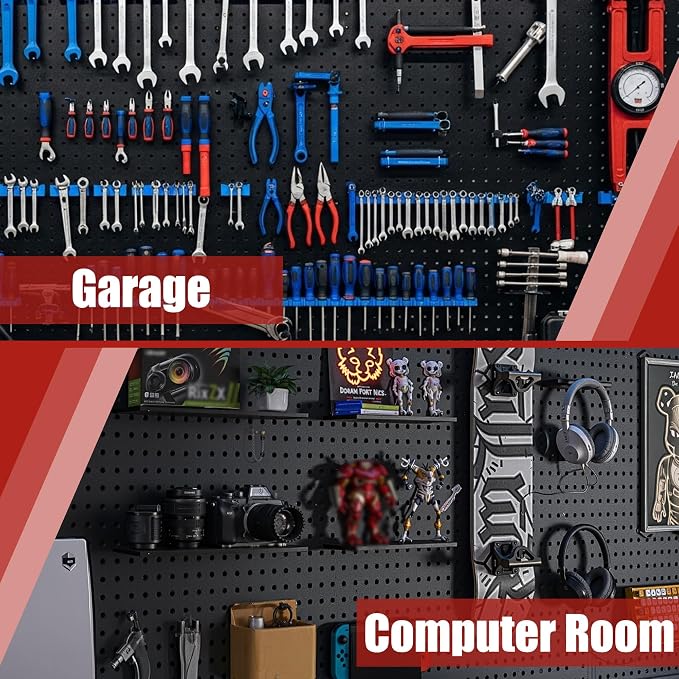Heavy Duty Peg Board, 8 Pack Metal Pegboard Panels with 50 Hooks | Black Pegboard Organizer - Wall Mount Storage System for Garage and Garden Tools, Workbench, Office & Home Organization