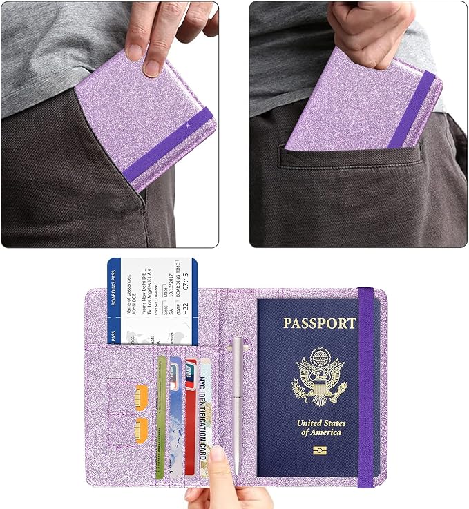 ACdream Passport Holder Cover, Leather Travel Wallet Case, RFID Blocking Document Organizer Protecrtor, with Slots for Credit Cards, Boarding Pass, for Women and Men, Glitter Purple
