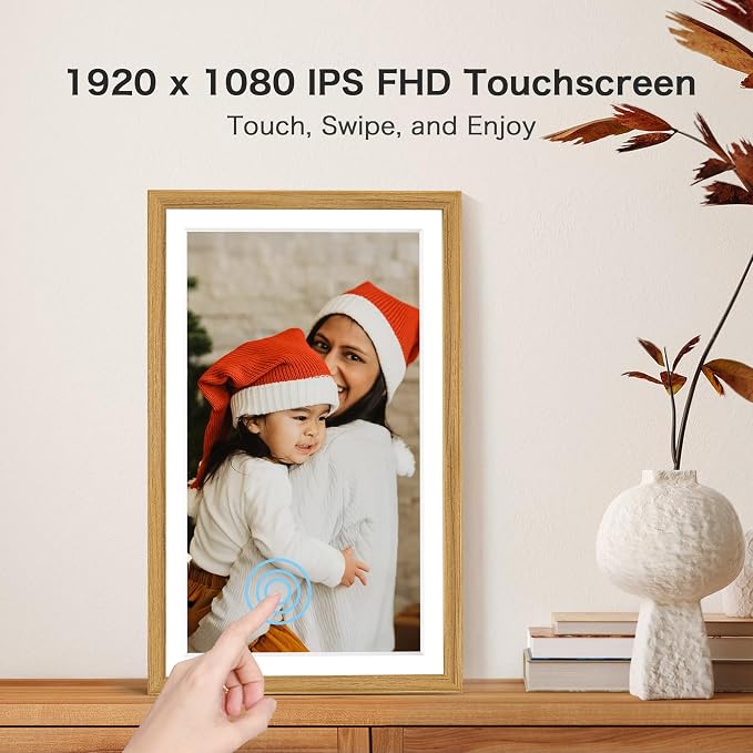Frameo Digital Picture Frame, Frameo 15.6 Inch Large Digital Photo Frame WiFi, 1920 * 1080 IPS FHD Touchscreen, 32GB, Wall-Mounted, Share Video Picture, Electronic Frame, Mom Gifts, Natural Woodgrain
