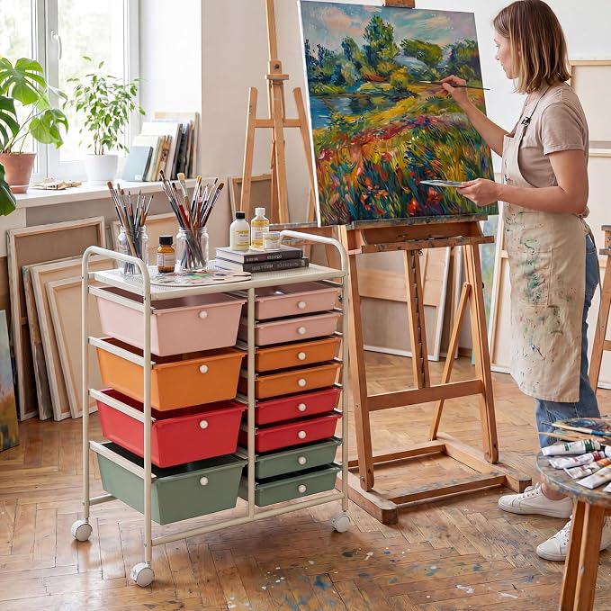 COSTWAY 12 Drawer Rolling Storage Cart, Utility Cart with Metal Frame | Mobile Art Supply Craft Organizer, Multipurpose Storage Organizer for Paper, Office, School Teacher, Classroom, Macaron