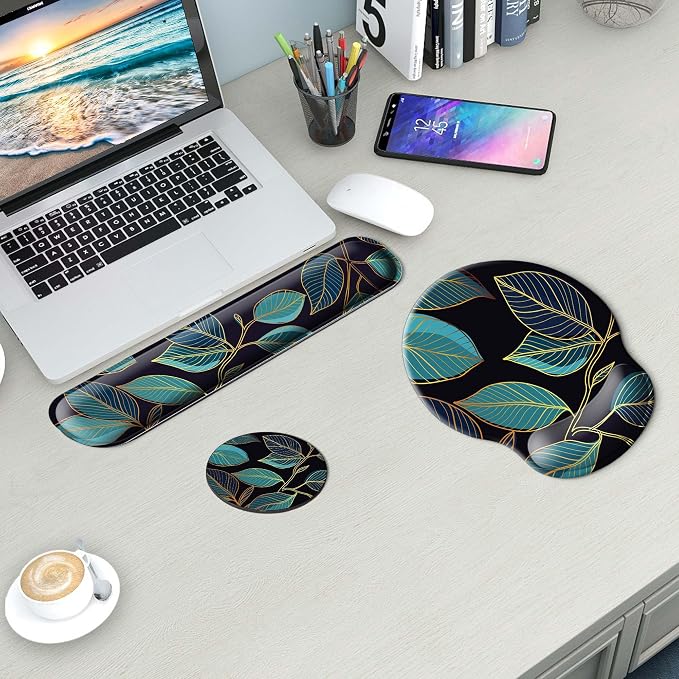 Mouse Pad and Keyboard Wrist Rest Support,Ergonomic Mouse Pad Set | Mousepad With Coaster and Non-Slip PU Base,Pain Relief for Desk Desktop Gaming, Computer,Office -Beach