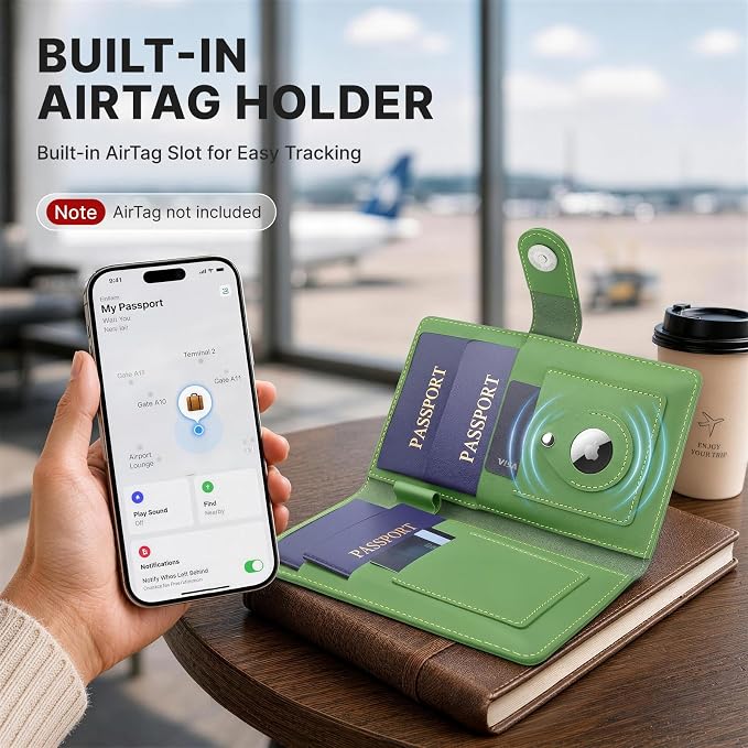 ALLIVE Genuine Leather Family Passport Wallet, Rfid Blocking Passport Holder for Travel, passport cover with AirTag Slot for Women & Men, Airport Essentials, Family Travel Gift (Avocado Green)
