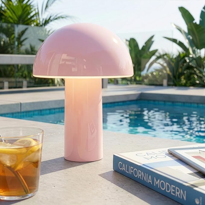 Brightech Celia Mood Lamp – 10" Touch-Controlled Mushroom Table Lamp, Cordless & Dimmable LED, Portable & Rechargeable Bedside Night Light, Sustainable Recycled Modern Patio Lamp for Home Décor – Pink