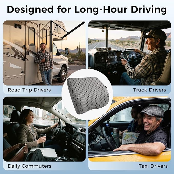 Lumbar Support Pillow for Car & Office Chair - High-Density Memory Foam for Sciatica & Lower Back Pain Relief - Non-Slip Back Support Cushion for Long Commutes & Desk Workers (4D Mesh Gray)