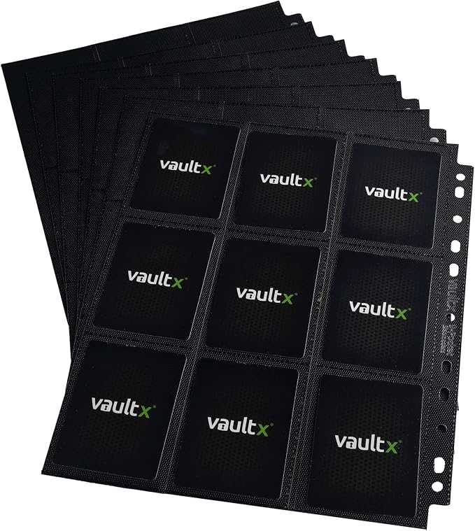 Vault X 9 Pocket Sideloading Pages for 3 Ring Binder (50 Pack) 900 Cards, Double-Sided A4, Storage for Trading Cards (Black)