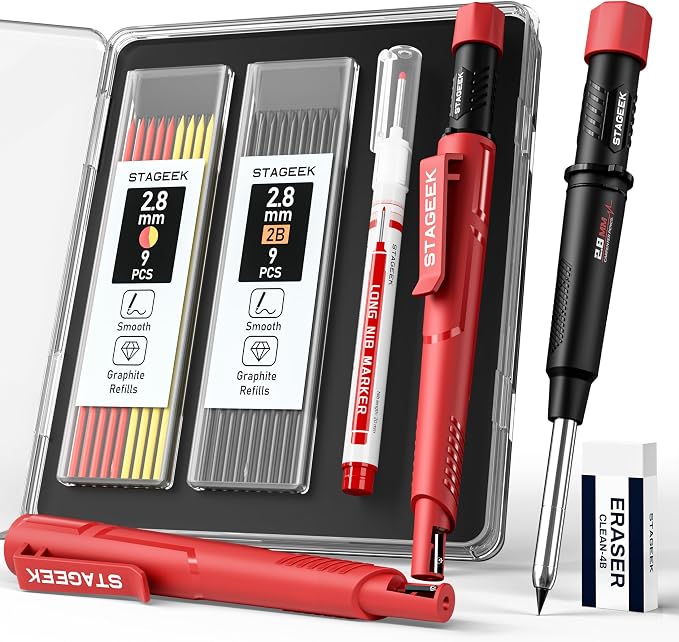 STAGEEK 2.8mm Mechanical Carpenter Pencils with Sharpener, Storage Case | 19 Refills, Construction Pencil Heavy Duty Woodworking Tools, Waterproof Deep Hole Long Nib Marker Pens for Architect Marking
