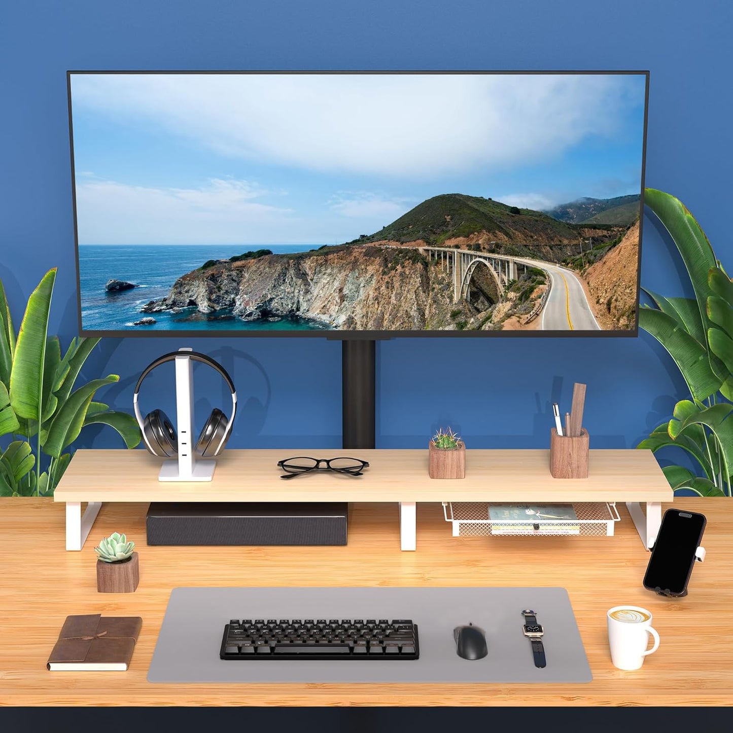 Aothia Dual Monitor Stand Riser - Monitor Stand with Drawer,Monitor Stand For 2 Monitors, Desk Shelf For Monitor with Metal Legs, Wood Monitor Stand with Storage Organize For Pc,Laptop,Screen (Oak)