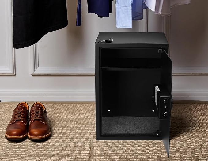 Amazon Basics Steel Home Security Safe Box with Electronic Keypad Lock for Documents, Jewelry, Valuables, 1.8 Cubic Feet, Black, 13.8"W x 13"D x 19.7"H