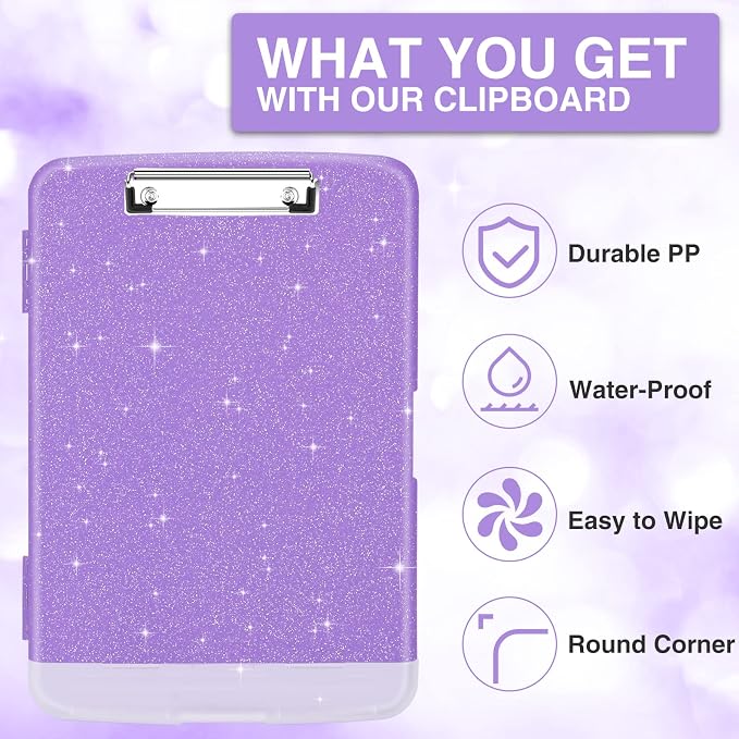 Sooez Glitter Clipboard with Storage, High Capacity Clip Boards 8.5x11 with Pen Holder, Cute Clipboards with Low Profile Clip, Sparkle Plastic Organizer Case Box for Women & Kids, Side Opening