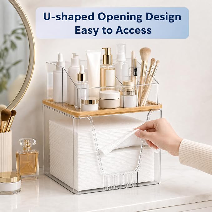 Disposable Facial Towel Holder, 2 Tier Cosmetic Storage Organizer Box | Clear box with Bamboo Lid Compatible with Clean Skin Club Towel XL, Skincare Organizer for Vanity Bathroom Countertop, 1 Pack
