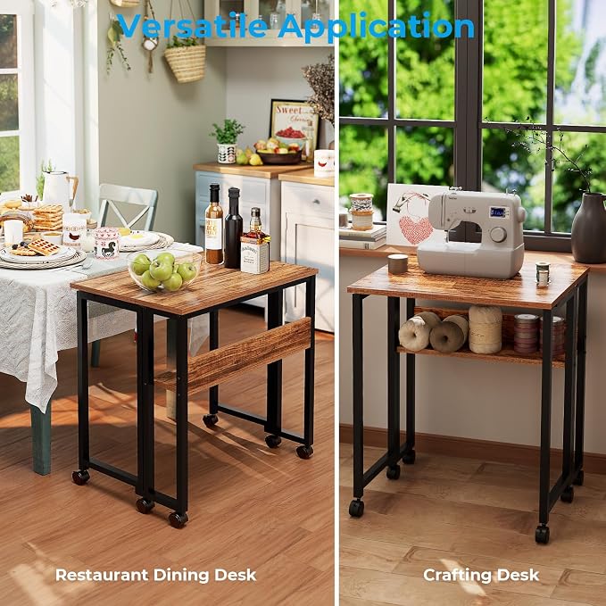 GreenForest Folding Desk with Wheels, 24.8" Rolling Table for Small Spaces | Storage Shelf, Lockable Casters, Compact Portable Workstation, Space-Saving Foldable Sofa Table, Home Office, Mobile, Walnut