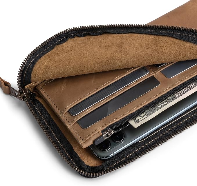 Hide & Drink, Leather Long Zippered Wallet, Holds Up to 8 Cards Plus Coins And Flat Bills, Phone Holder, Cash Organizer, Travel Essentials, Handmade, Single Malt Mahogany