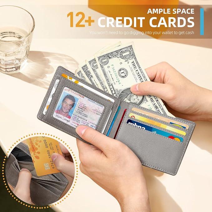 RUNBOX Wallet for Men, Slim Leather Bifold, RFID Blocking Card Holder | Minimalist Front Pocket Design, Credit Card Organizer, Holds 11 Cards, Large Capacity, Thin Profile, Birthday Gifts for Men