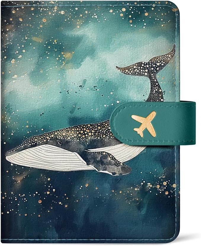 Passport Holder for Travel Essentials, RFID Blocking Leather Cover Wallet with Magnetic Closure, Aesthetic & Cute Passport Book Case for Women and Men - Whale, Upgraded with Money Pocket