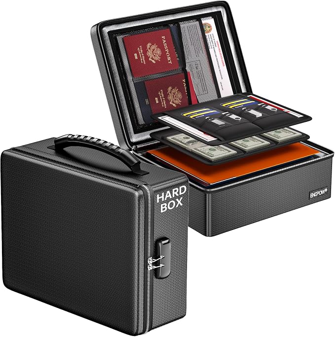 ENGPOW Fireproof Document Box with Lock, Fireproof Water Resistant Heat Insulated Safe Box Hard Case with Fireproof Zipper, Portable Home Office Travel File Organizer for Important Documents and More