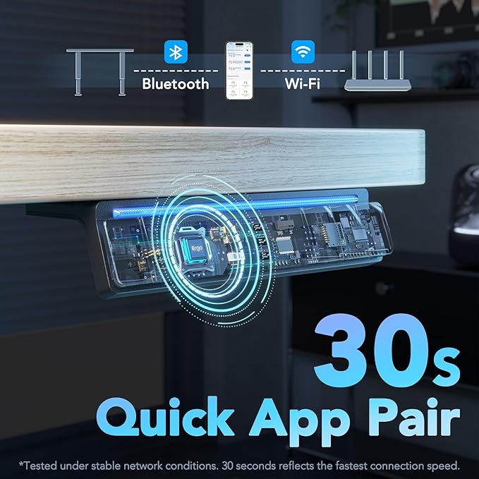 HUANUO AI-Powered Electric Standing Desk with Smart APP, Compatible with Alexa & Google, Adjustable Height, 6 Memory Settings, Sedentary Reminder, Ergonomic Sit-Stand Desk, 55-inch, Light Walnut