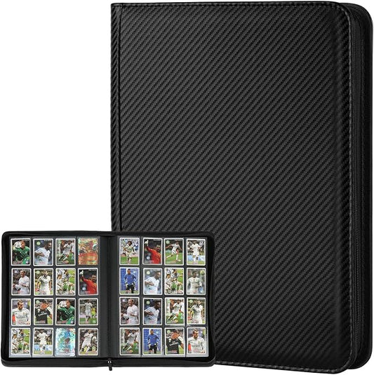 16 Pocket Ringless Side Loading Trading Card Binder, 1024 Cards PU Fixed Page Zipper Card Album for TCG Sports Game Cards, Not Fit Top Loaders (Carbon Black)