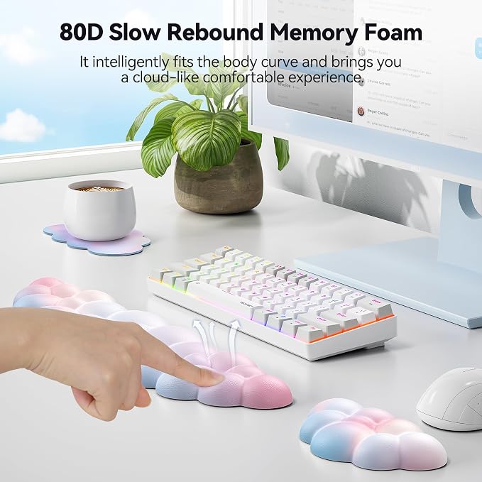 TECKNET Cloud Keyboard Wrist Rest Set, Cloud Wrist Rest with Non-Slip Base, PU Leather Wrist Pad for Keyboard with Ergonomic Memory Foam for Computer Laptop Office Gaming and Pain Relief, Rainbow
