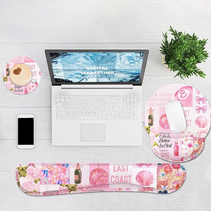Ergonomic Mouse Pad with Wrist Rest and Keyboard Wrist Rest, Mousepad | Memory Foam Wrist Rest for Computer Keyboard, Pain Relief, Non-Slip Base, Mouse Pad Wrist Support for Gaming, Pink Collage