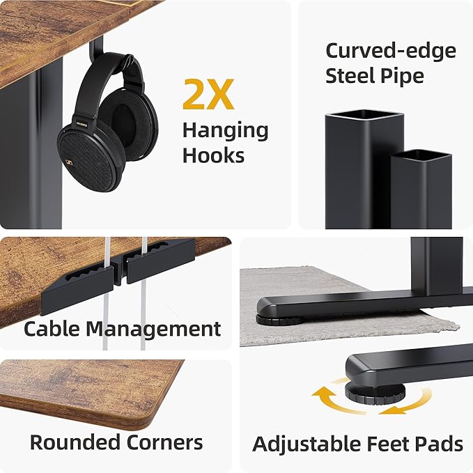 Claiks Electric Standing Desk, Adjustable Height Stand up Desk, 63x24 Inches Sit Stand Home Office Desk with Splice Board, Black Frame/Rustic Brown Top