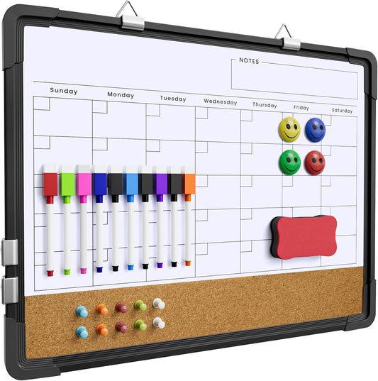 Dry Erase Calendar White Board for Wall, Polegas 17" X 13" Magnetic Whiteboard Dry Erase Cork Board Combination, Small Wall Monthly Double Sided Boards Student, Home, Office (Black)