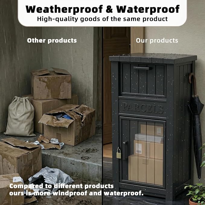 EFU Package Delivery Boxes for Outside, Lockable Anti-Theft Waterproof Delivery Boxes for Outside, Secure Parcel Drop Boxes for Porch & Curbside & House, Outdoor Package Box for Deliveries (Black)
