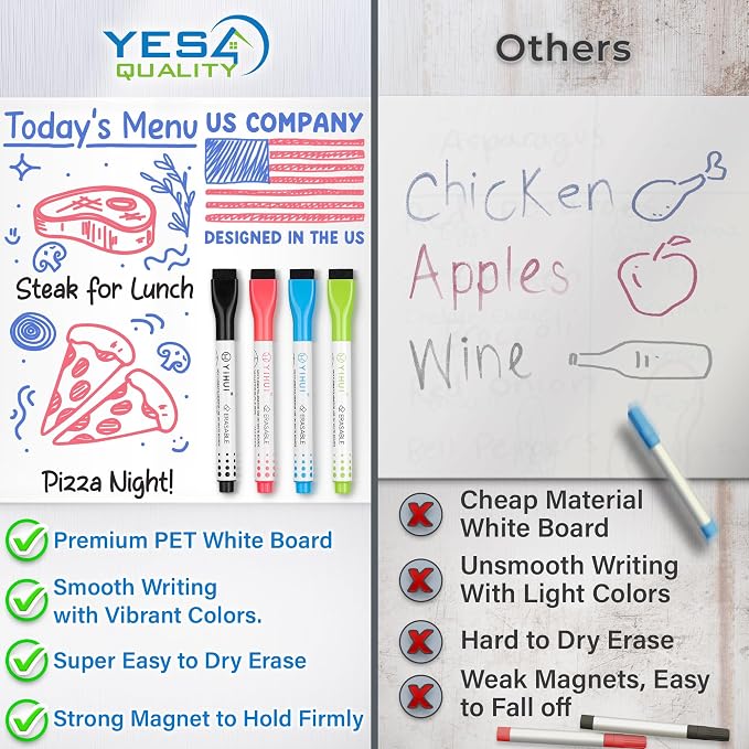 12x8” Magnetic Dry Erase Whiteboards Set for Fridge w/ 4 Markers & Eraser | Yes4Quality, 3 Multicolor White Board Sheets, Stain-Resistant, Sticks to Most Refrigerators, Colorful Markers, Magnet Eraser