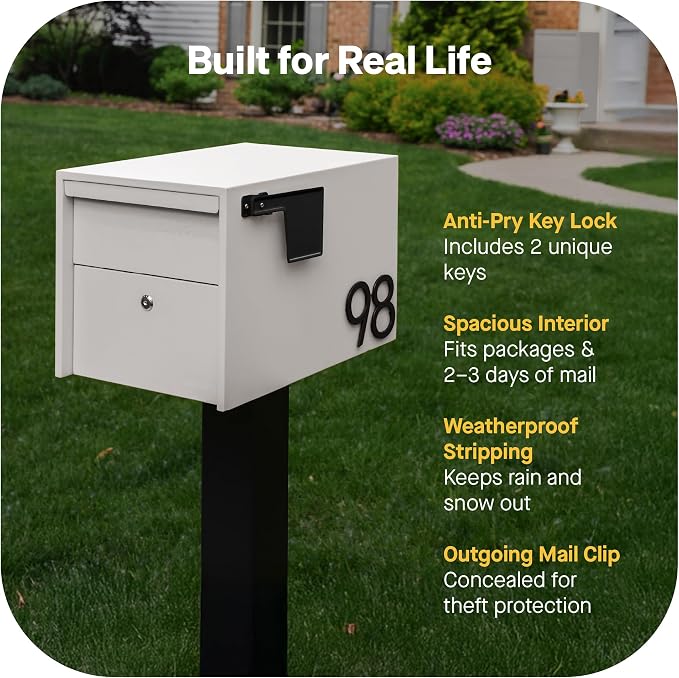 Adoorn Lockable Post Mount Mailboxes for Outside - Small Anti-Theft Locking Mailbox for Packages and Letters - Weatherproof Construction - Durable Steel - 12" H x 12" W x 18.5" D - Sandstone