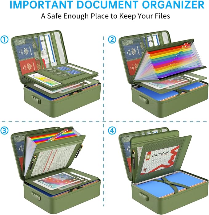 ENGPOW Fireproof File Organizer Bag with 13 Pockets Accordion File Folder | 5200℉ Document Organizer Box with Lock & Labels, Multi-Layer, Portable Home Safe Storage for Important Documents, Green