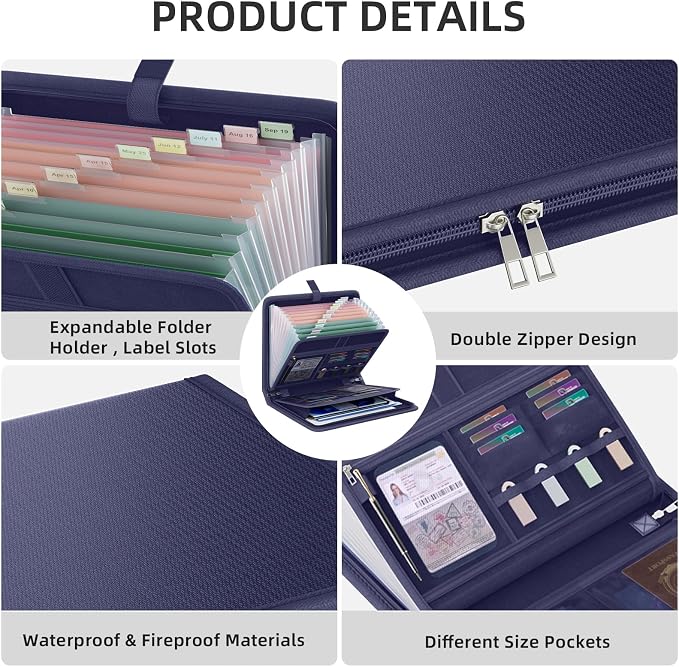 Fireproof Accordion File Organizer, Expanding File Folder with 13 Pockets | Portable Document Organizer with Waterproof Zipper & Labels, File Organizer for Important Document/Paper Storage, Blue