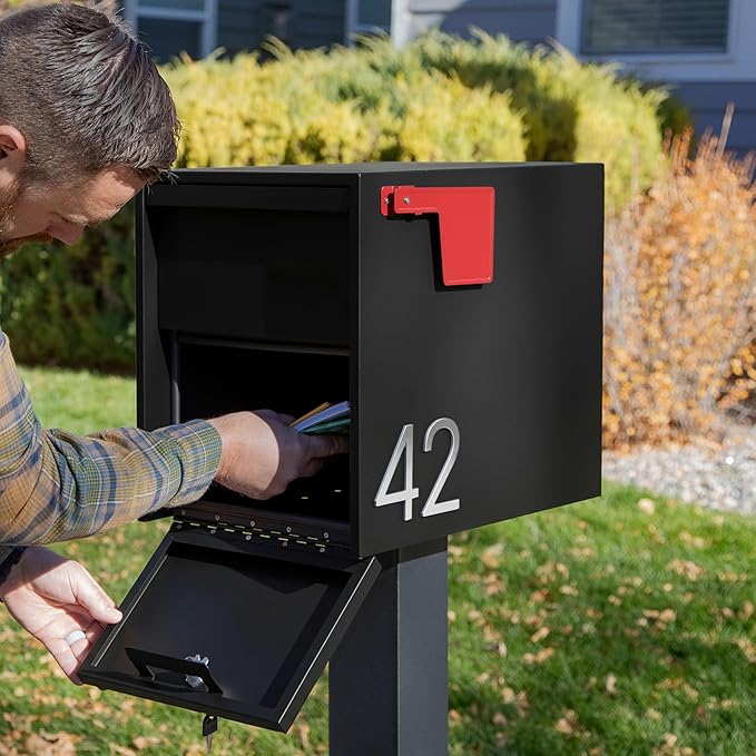 Adoorn Lockable Post Mount Mailboxes for Outside - Large Anti-Theft Locking Mailbox for Packages and Letters - Weatherproof Construction - Durable Steel - 15.5" H x 12" W x 18.5" D - Black