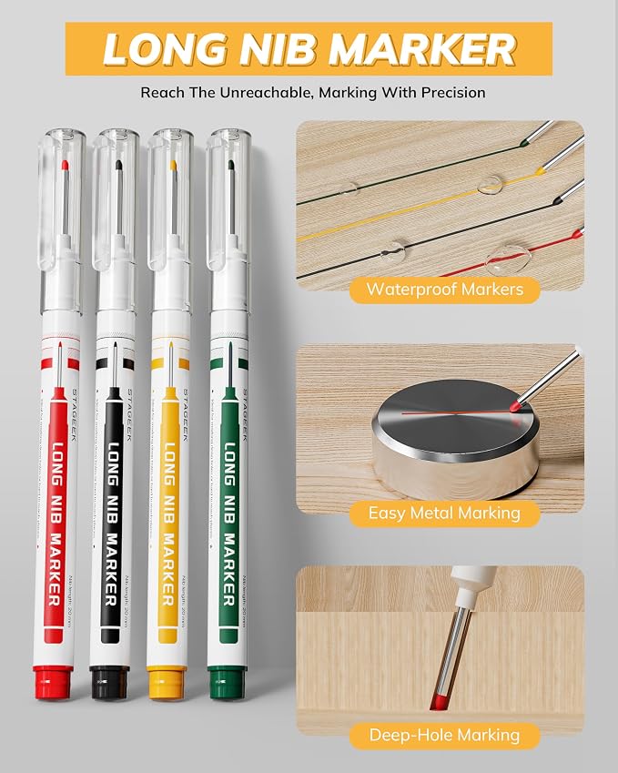 STAGEEK 2.8mm Mechanical Carpenter Pencils with Sharpener, 4 Pack | 76 Refills, Construction Pencil Heavy Duty Woodworking Tools, Waterproof Deep Hole Long Nib Marker Pens for Architect Marking