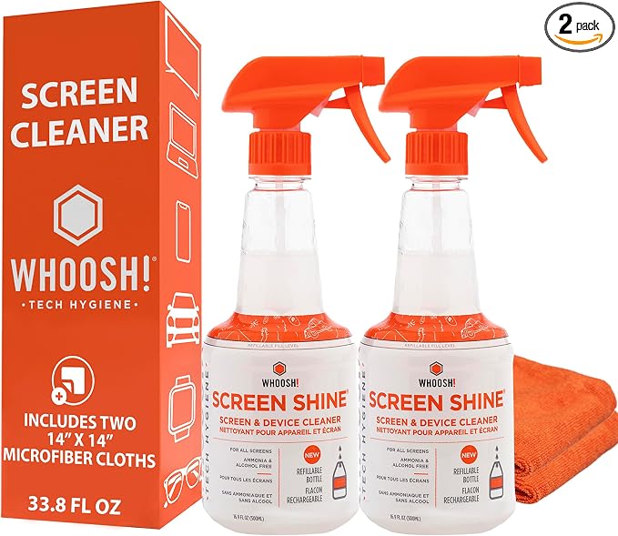 WHOOSH Screen Shine Pro Refillable Cleaning Kit, Set of 2, 16.9 fl oz | Streak Free Finish, Non Toxic and Odorless, For Flat Screens, OLED, LCD and Monitors, Microfiber Cloth Included