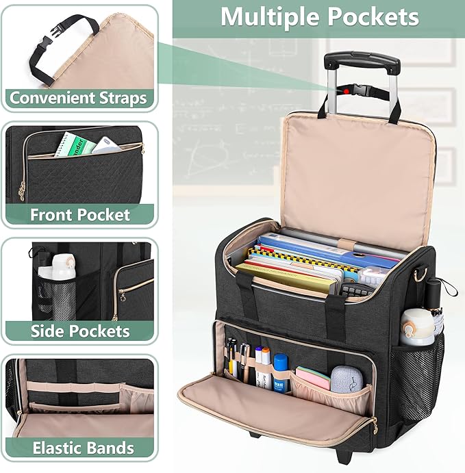 LUXJA Rolling Teacher Bag with Wheels and 15.6" Laptop Compartment, Black | Rolling Briefcase for Women, Teacher Tote Bag for Office Work with Detachable Dolly and Shoulder Strap, Ample Storage Pockets