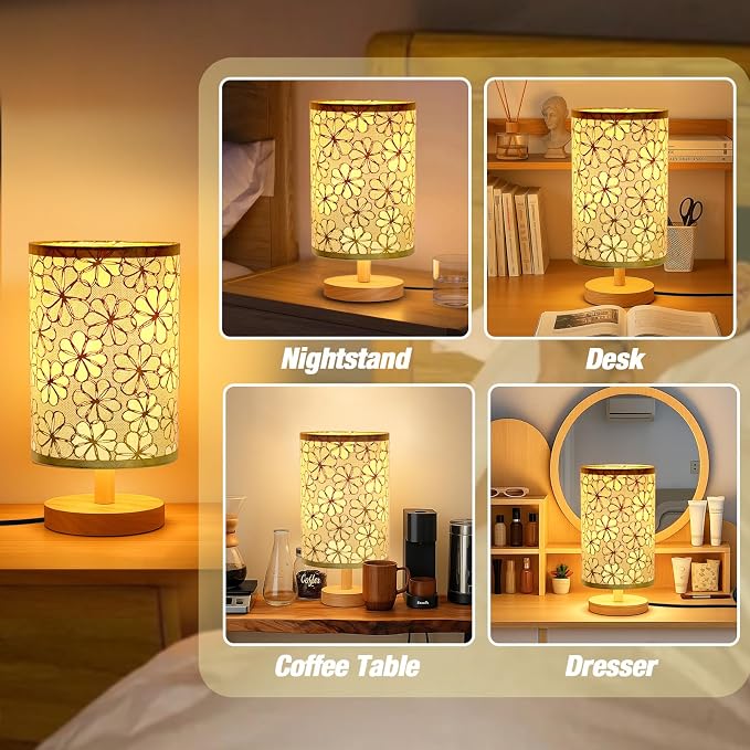 Desk Lamp LED Bulb Included, Small Bedside Table Lamp Plug-in - Classic Wood Base with Flaxen Fabric Shade, Lamps for Night Stands, Simple Nightstand Light for Bedroom, Office, Desk