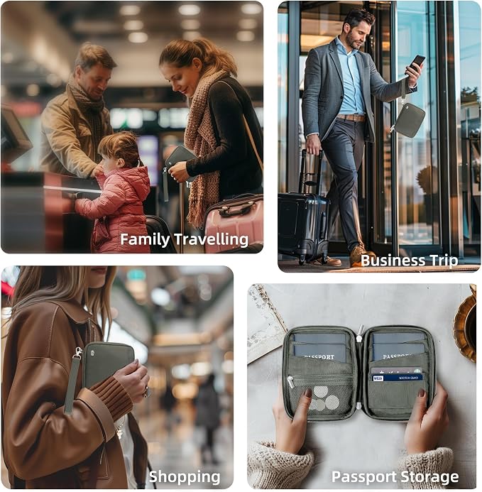 WALNEW Passport Holder Family for 4, RFID Blocking Travel Wallet Women Men | Holds up to 4 Passports, Removable Wrist Strap，Lightweight Zipper Document Organizer Pouch Bag for Travelling